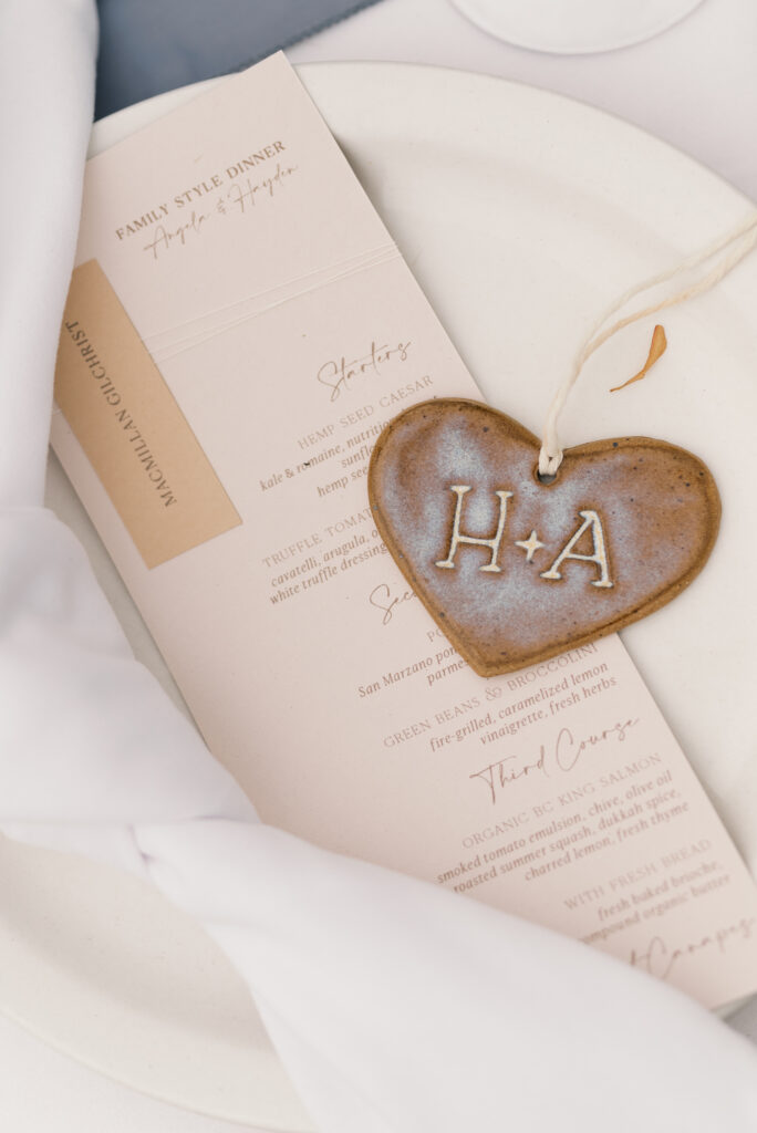 custom menu and heart souvenir at a linden gardens wedding